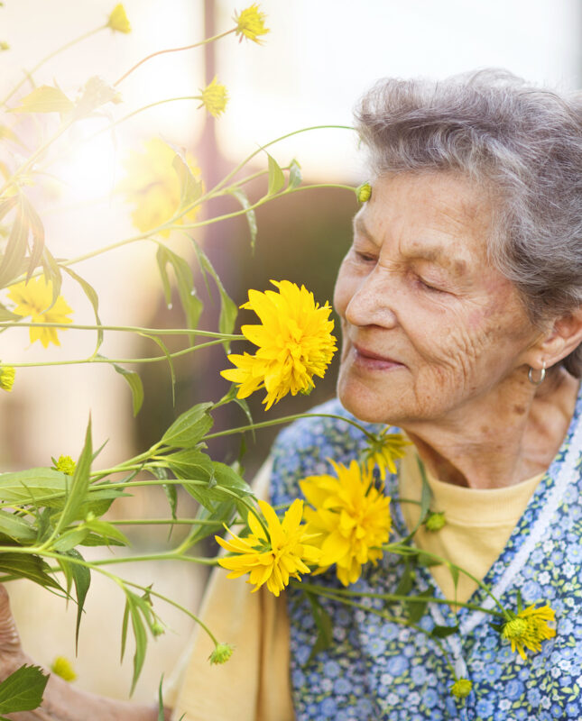Elderly woman smelling yellow flower