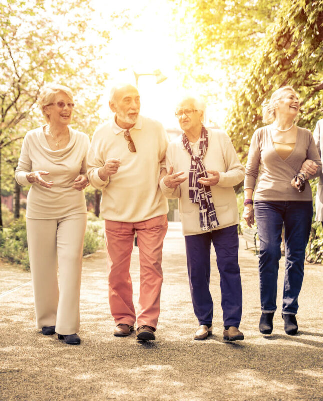 Group of seniors walking on a path on a sunny day