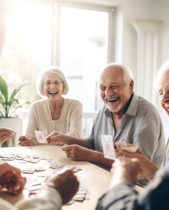 assisted living residents laughing during card game